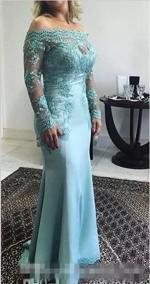 Plus Size Blue Lace Mother Of The Bride Dresses Long Sleeve Wedding Groom Suits Chiffon Off Shoulder Formal Wear Evening Party Gowns
