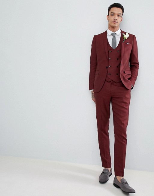 Red Dark Three Pieces Mens Suits Slim Fit One Button Groomsmen Wedding Tuxedos For Men Blazers Peaked Lapel Prom Suit Jacket Pants Vest