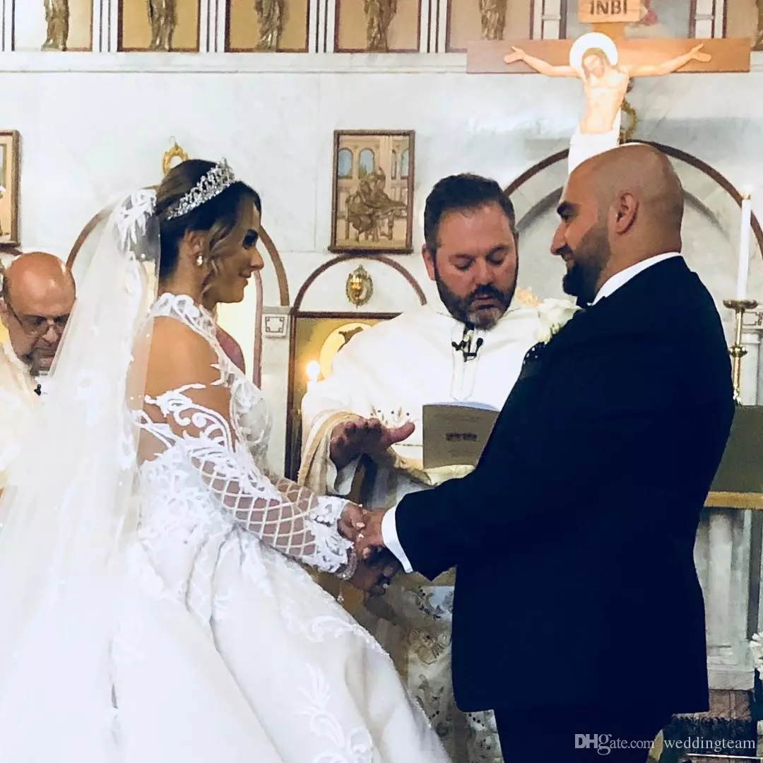 Luxury Lace Ball Gown Wedding Dresses Long Sleeves High Collar Beaded Bridal Gowns Appliqued Cathedral Sequined Crystal Vestidos De Novia