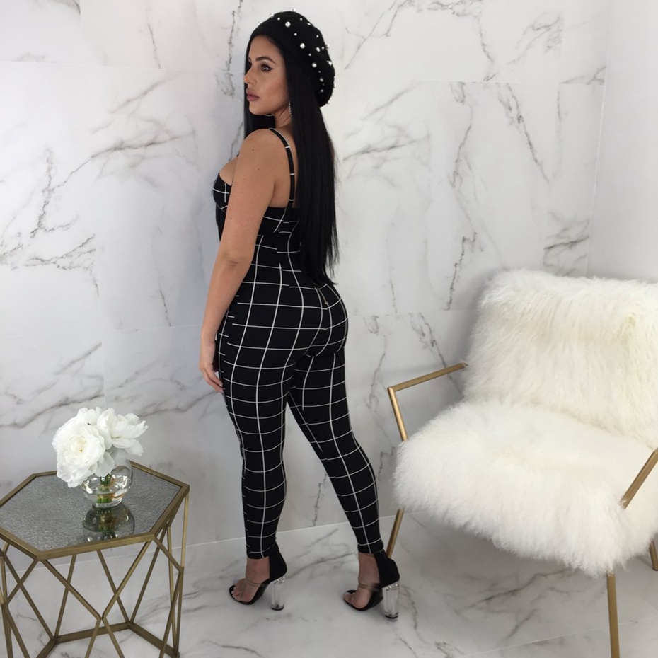 Black White Plaid Overalls: Sexy Jumpsuit 2-Piece Set For Women