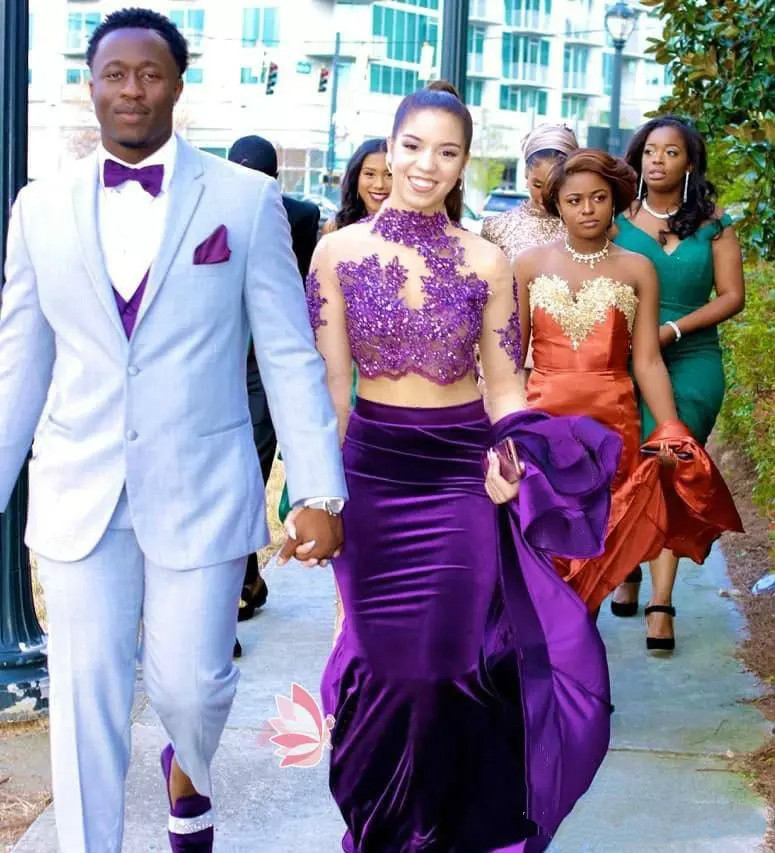 Purple Mermaid Prom Dresses Lace Applique Bead Sequins Velvet High Neck Formal Dress Party Evening Wear Two Piece Long Sleeve Evening Gowns
