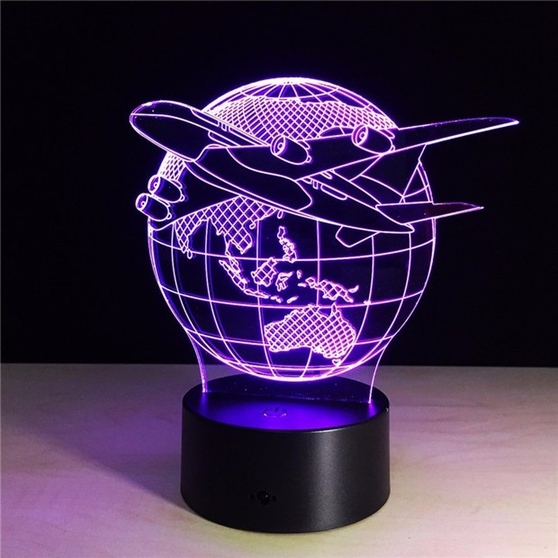 Fly The World Earth Globe Airplane 3D LED Lamp Art Sculpture Lights In Colors 3D Optical Illusion Lamp
