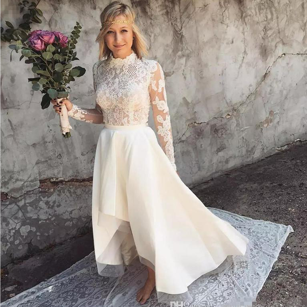 Beach Asymmetrical Hem Wedding Dresses High Neck Long Sleeve Country Bridal Gowns Lace Appliques Satin Vestido De Novia