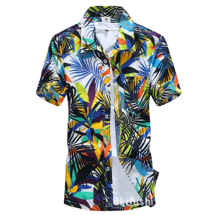 Mens New Summer Short Sleeve Beach Hawaiian Shirts Cotton Casual Floral Shirts Mens clothing Fashion, White