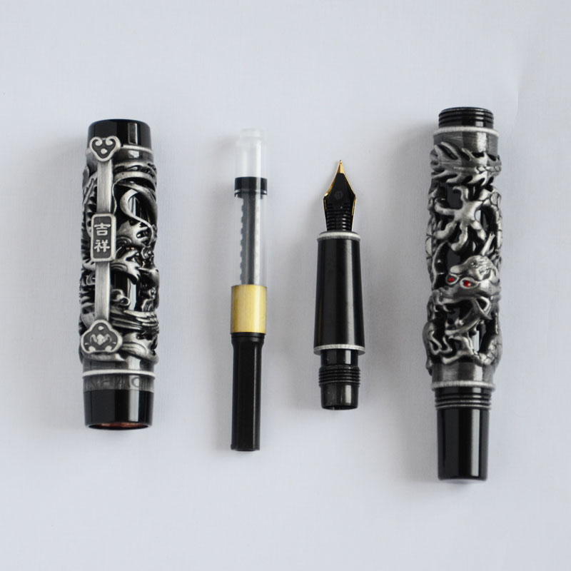 NOBLE JINHAO ANTIQUE SILVER AND BLACK DRAGON AND PHOENIX 18KGP FINE NIB FOUNTAIN PEN BUSINESS OFFICE BEST GIFT