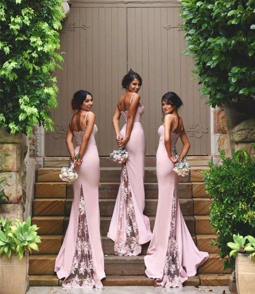 Blush Pink Bridesmaid Dresses Spaghetti Strap Sleeveless Mermaid Lace Junior Country Formal Dresses Long Maid Of Honor Dress HY250