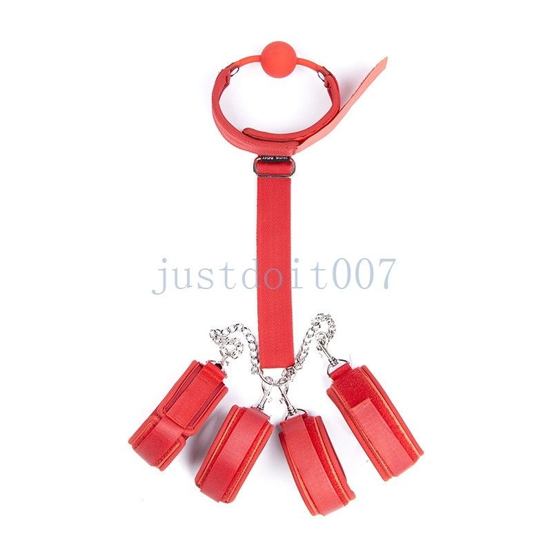 Bondage Wrist to Collar Handcuffs Ankle Cuffs Mouth Gag Neck Restraint Straps chain new #R56