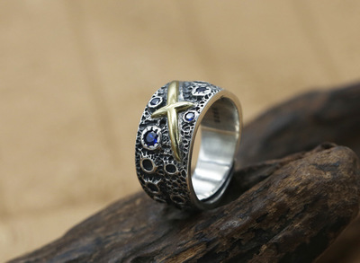 Brand new 925 sterling silver designer jewelry vintage hand-made with starry sky with cross ring adjustable open ring with stones