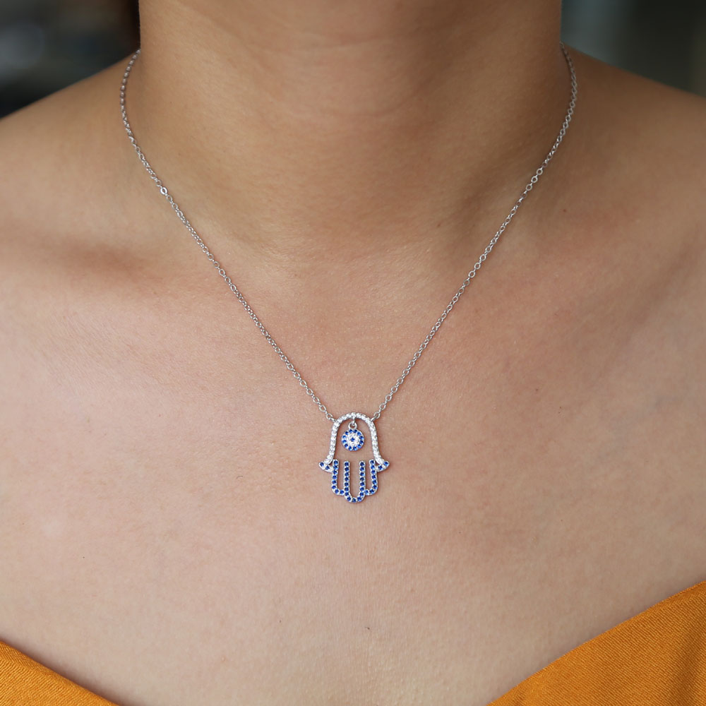 lucky turkish 925 sterling silver dangle evil eye charm pave blue white cz hamsa hand fatimas hand pendant necklace