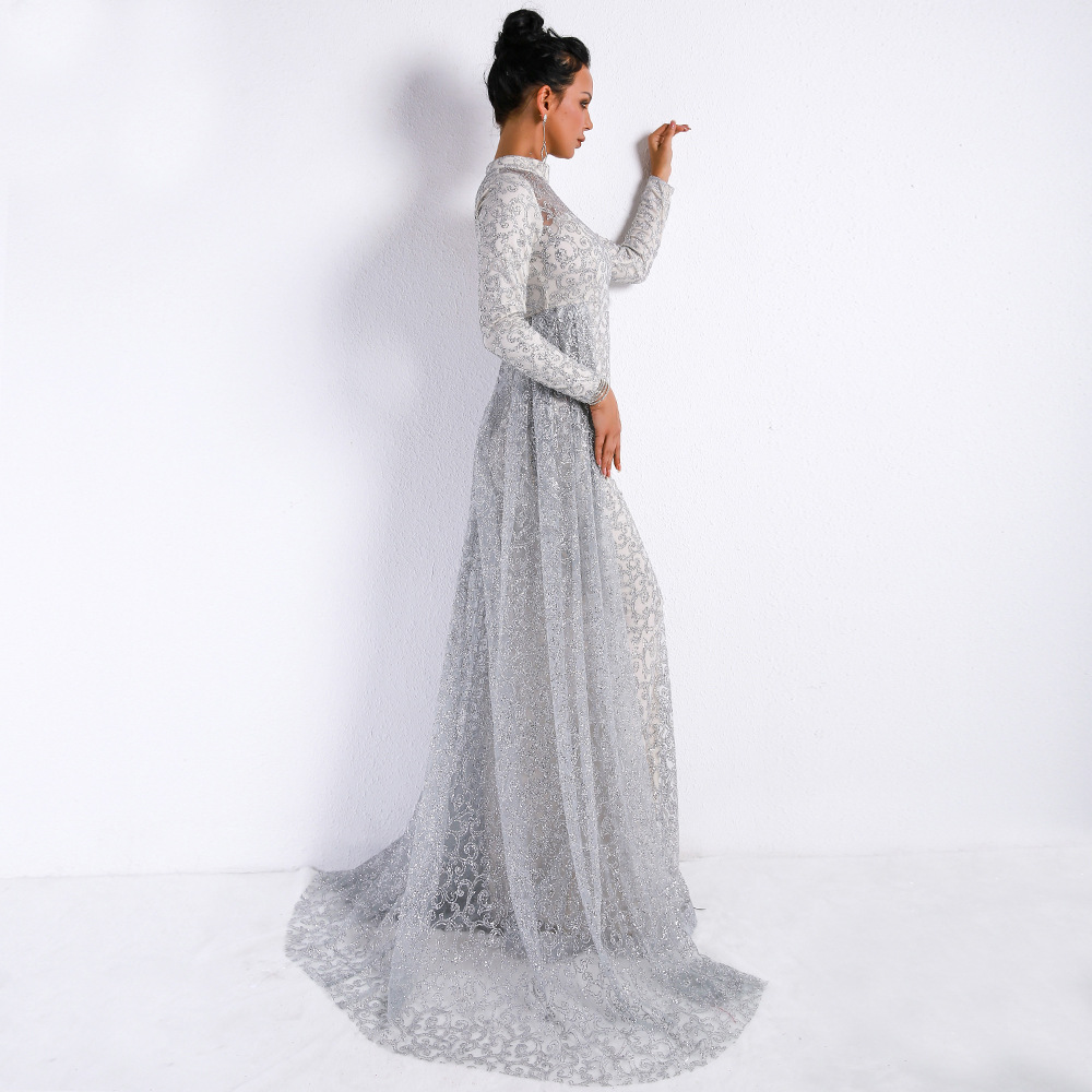 High Neck Sparkling Silver Mermaid Evening Dresses Long Sleeve Elegant Weddings Party Dress Sexy Prom Dress Bling Formal Gowns