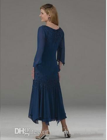 Tea Length Navy Mother Of The Bride Dresses V Neck Half Sleeve Beads Chiffon Formal Dress Plus Size Wedding Guest Dress