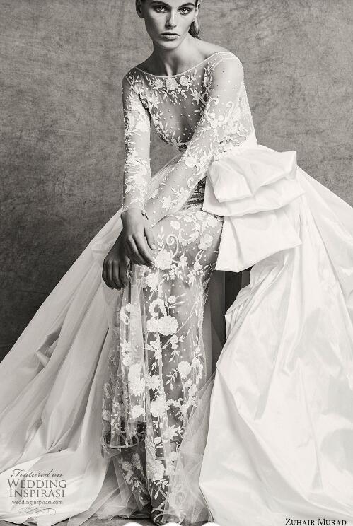Zuhair Murad 2018 Fall Wedding Dress Sexy Illusion Sheer Bateau Neckline Lace Applique Bridal Gowns With Satin Detachable Train