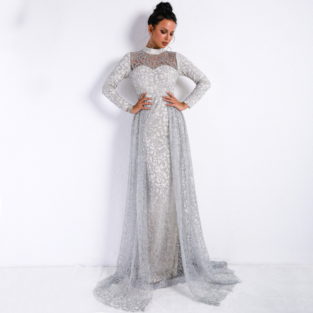 High Neck Sparkling Silver Mermaid Evening Dresses Long Sleeve Elegant Weddings Party Dress Sexy Prom Dress Bling Formal Gowns