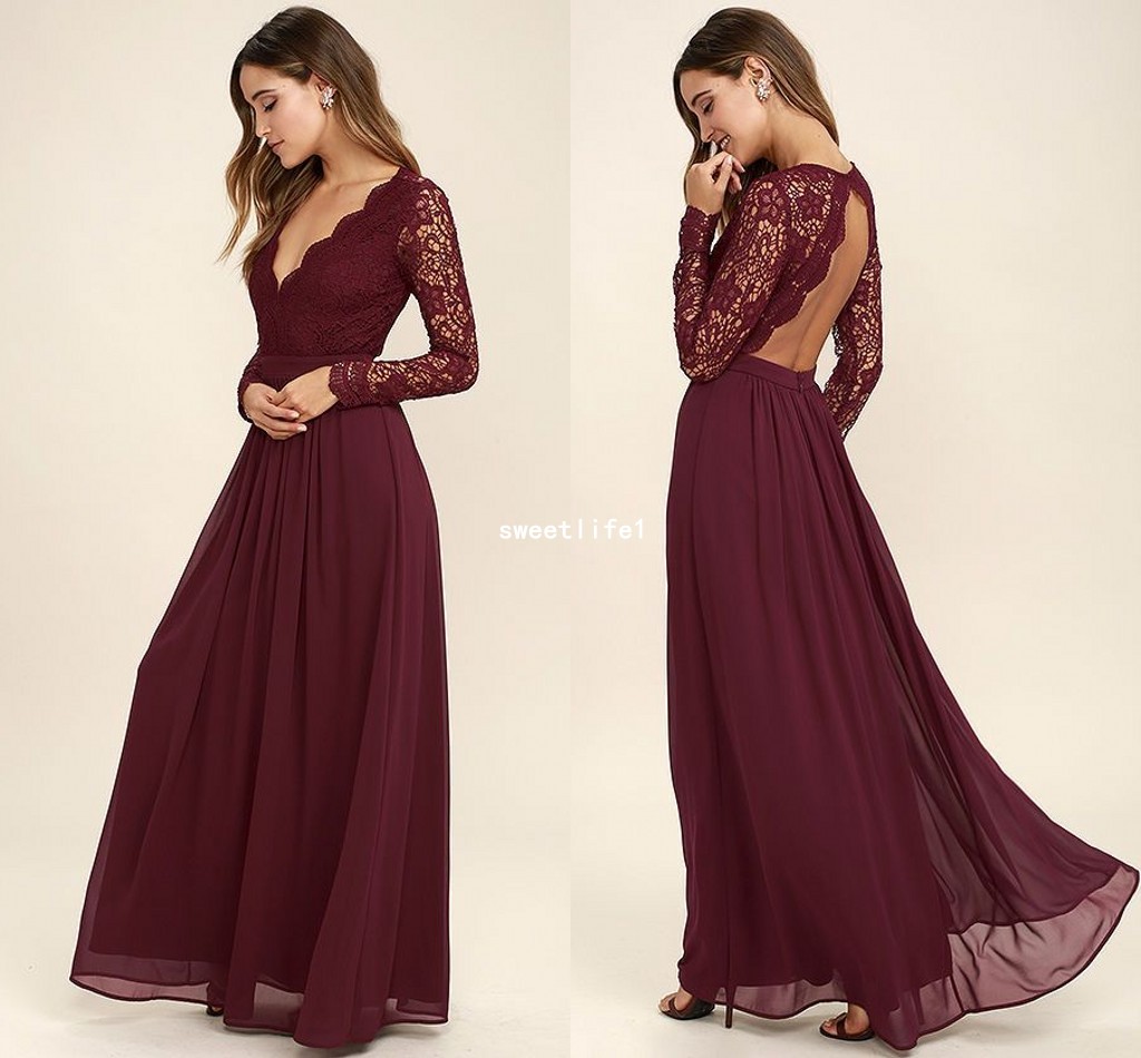 2019 Burgundy Long Sleeve Bridesmaid Dresses Lace Chiffon A Line Floor Length Sexy Backless Maid Of Honor Wedding Guest Gown Formal Dresses
2019 Burgundy Long Sleeve Bridesmaid Dresses Lace Chiffon A Line Floor Length Sexy Backless Maid Of Honor Wedding Guest Gown Formal Dresses