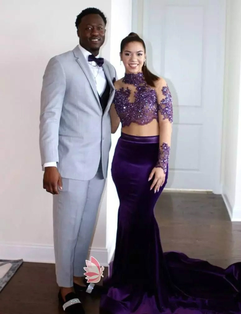 Purple Mermaid Prom Dresses Lace Applique Bead Sequins Velvet High Neck Formal Dress Party Evening Wear Two Piece Long Sleeve Evening Gowns