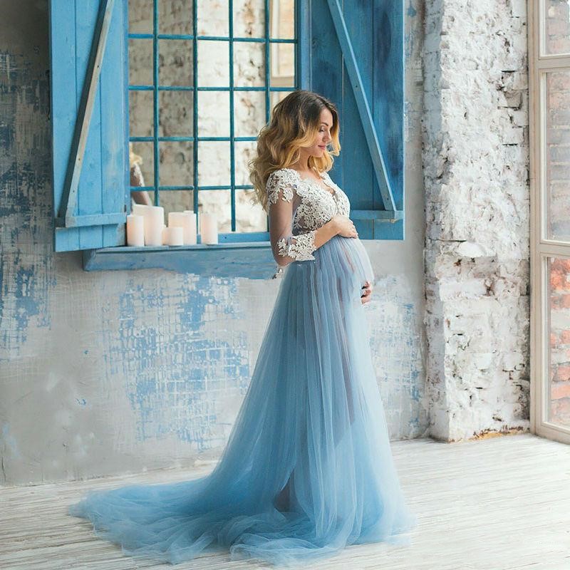 Vintage Pregnant Prom Maternity Lace Dresses Formal Evening Illusion Tulle Party Gowns Sheer Half Long Sleeve 0510