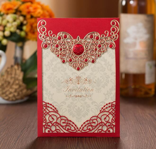 Romantic Laser Cut Wedding Invitation Card Gold Red Luxury Floral Elegant Lace Favor Envelopes Wedding Party Decoration