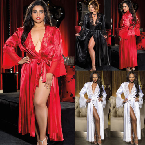 Hirigin 2018 Women Lingerie Satin Silk Lace Long Sleeve V-Neck Sleepwear Pajamas Nightdress Night Bath Robe M-2XL Amanda0928