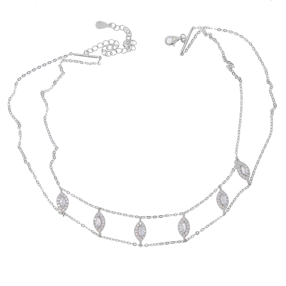 wedding engagment diamond choker necklace double chain chocker 925 sterling silver marquise cz gorgeous luxury jewelry
