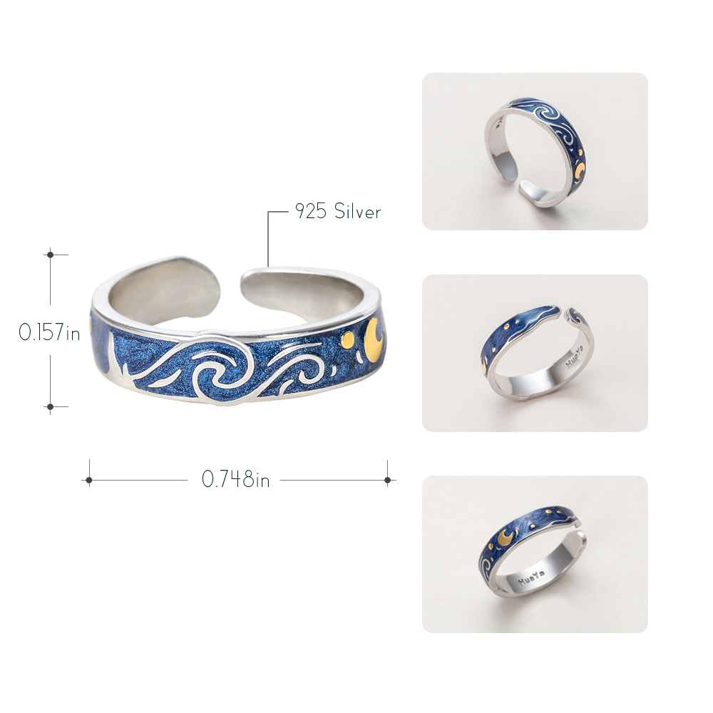 Thaya Genuine s925 Silver Ring Van Gogh's Glitter Deer Sky Gold Moon Star Finger Ring bohemian Vintage jewelry for Women S18101001