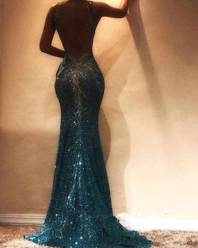sequined mermaid evening dresses spaghetti straps lace applique see through backless sweep train formal prom gowns
