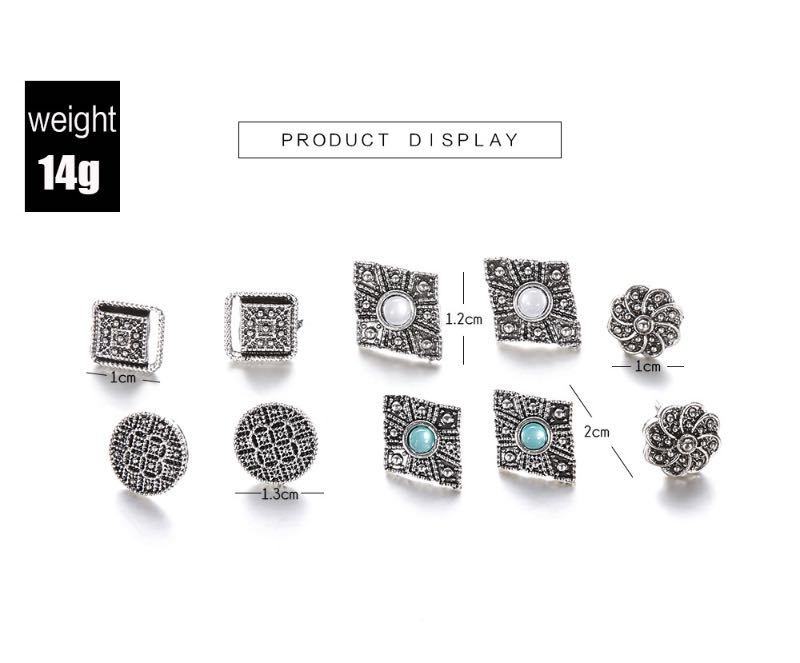 Vintage Tibetan Silver Stud Carving Patterns With White Stone Earring Hollow Out Geometric Shape Earrings Whoelsale