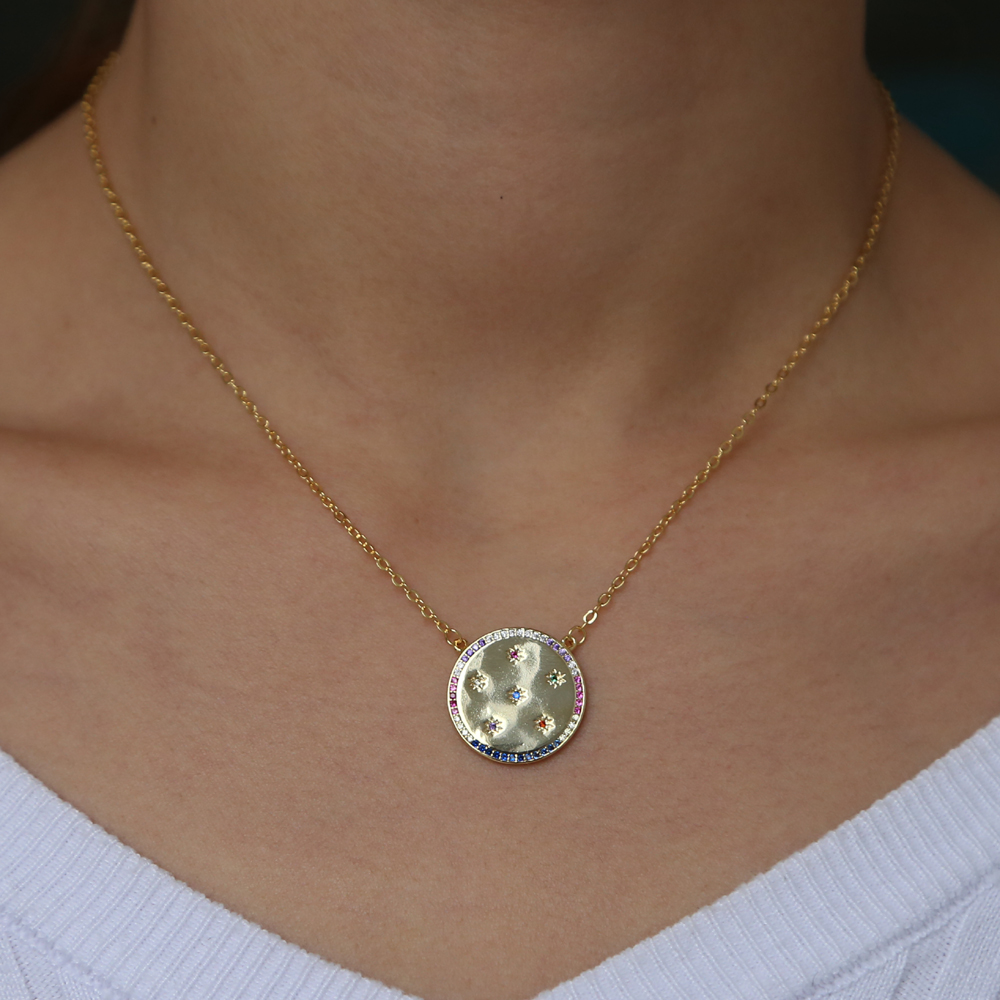 statement coin necklace paved rainbow cz engraved star geometric round plate classic simple fashion jewelry