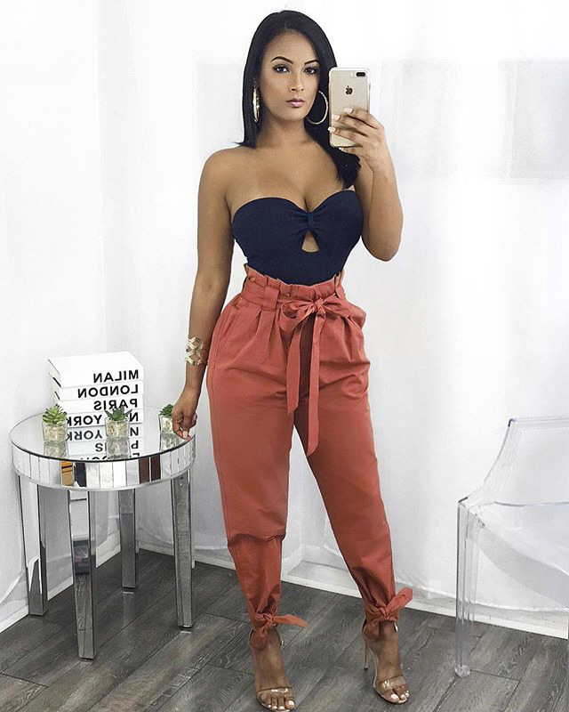 Women Casual High Waist Pants Solid Color Bandage Design Harem Pants Fashion Trousers with Sashes