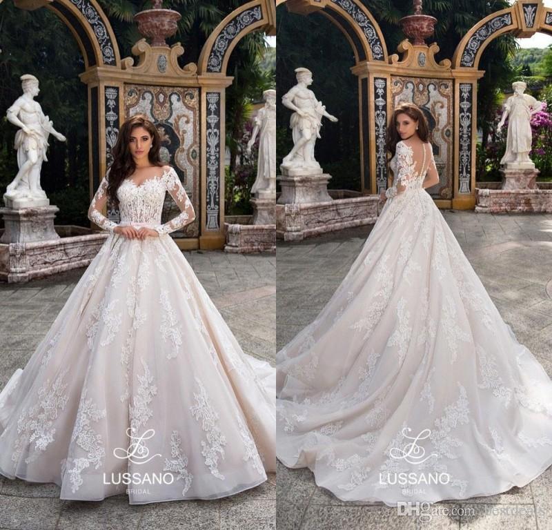 De Novia Vestido Plus Size Lussano Lace Dresses Illusion Button Back Long Sleeves Bridal Gowns A Line Sweep Train Wedding Dress
