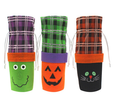 Halloween Red Wine Bottle Cloth Bag With Creative Cartoon Pumpkin Witch Black Cat Decoration Bottle Bags With Drawstring Closure