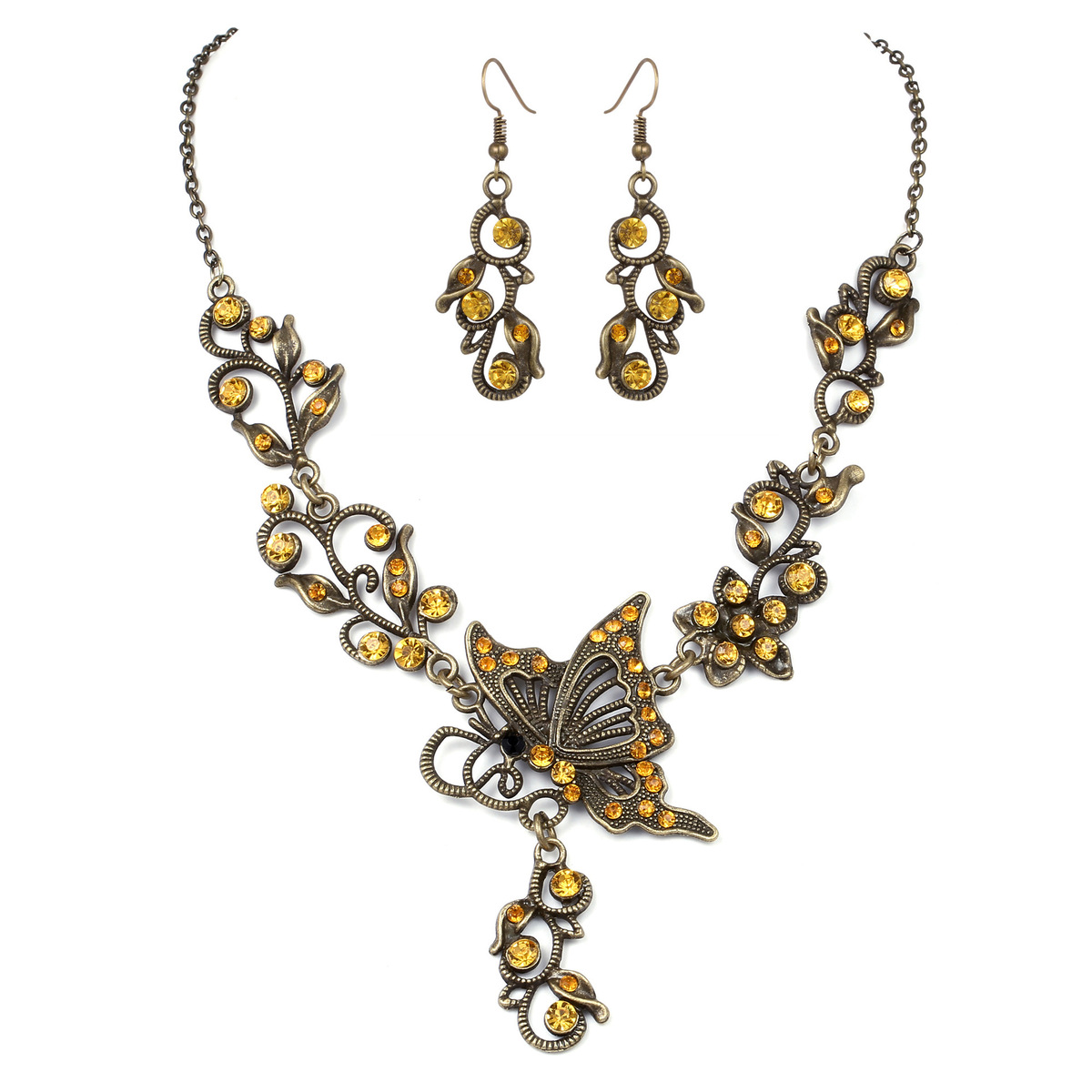 Low-cost wholesale bridal jewelry Rhinestone butterfly love flower earrings necklace Wild jewelry set