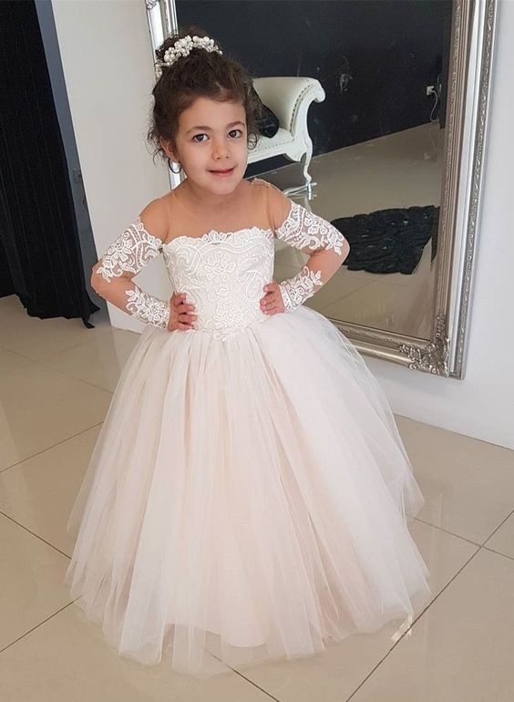 Ivory Lace Ball Gown wer Girl Dresses For Wedding Sheer Jewel Neck Toddler Pageant Gowns With Long Sleeves Tulle Kids Communion Dress