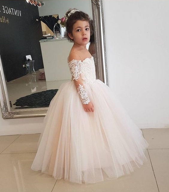 Ivory Lace Ball Gown wer Girl Dresses For Wedding Sheer Jewel Neck Toddler Pageant Gowns With Long Sleeves Tulle Kids Communion Dress