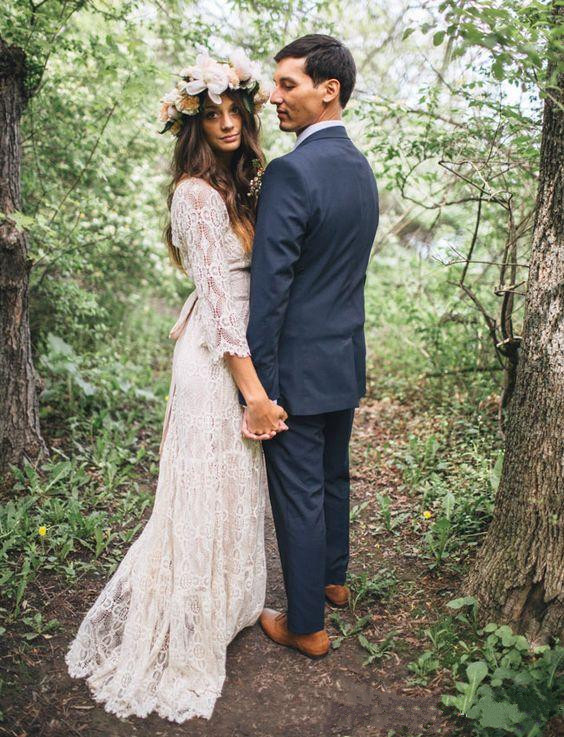 Vintage Hippie Maxi Lace Bohemian 3/4 Long Sleeve Dresses Crochet V Neck Beach Boho Cheap Wedding Gowns Plus Size