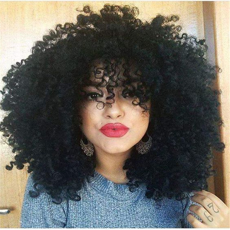 Hotselling short curly wigs for black women Afro Curly wigs Heat Resistant Japanese Fiber Black Synthetic Lace Front Wig with Bangs