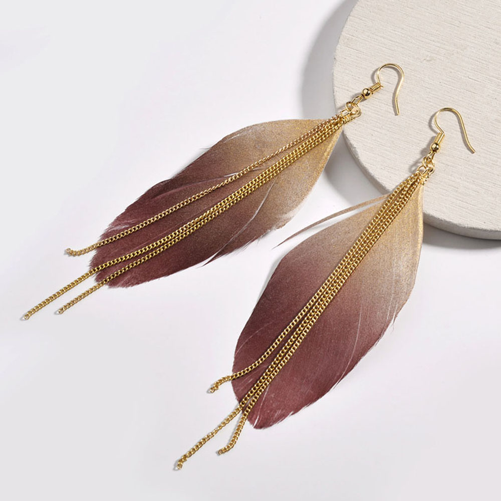New Arrival Ethnic Long Feather Earrings For Women Gold Metal Chain Tassel With Color Feather Earrings