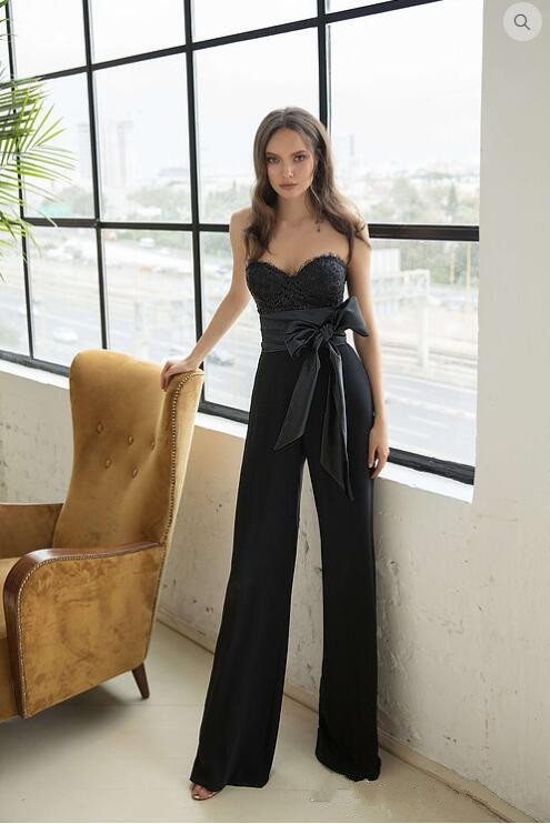 Julie Vino Black Jumpsuits Prom Dresses Sweetheart Lace Appliqued Formal Evening Party Gowns With Sash Custom Made Special Occasion Pants