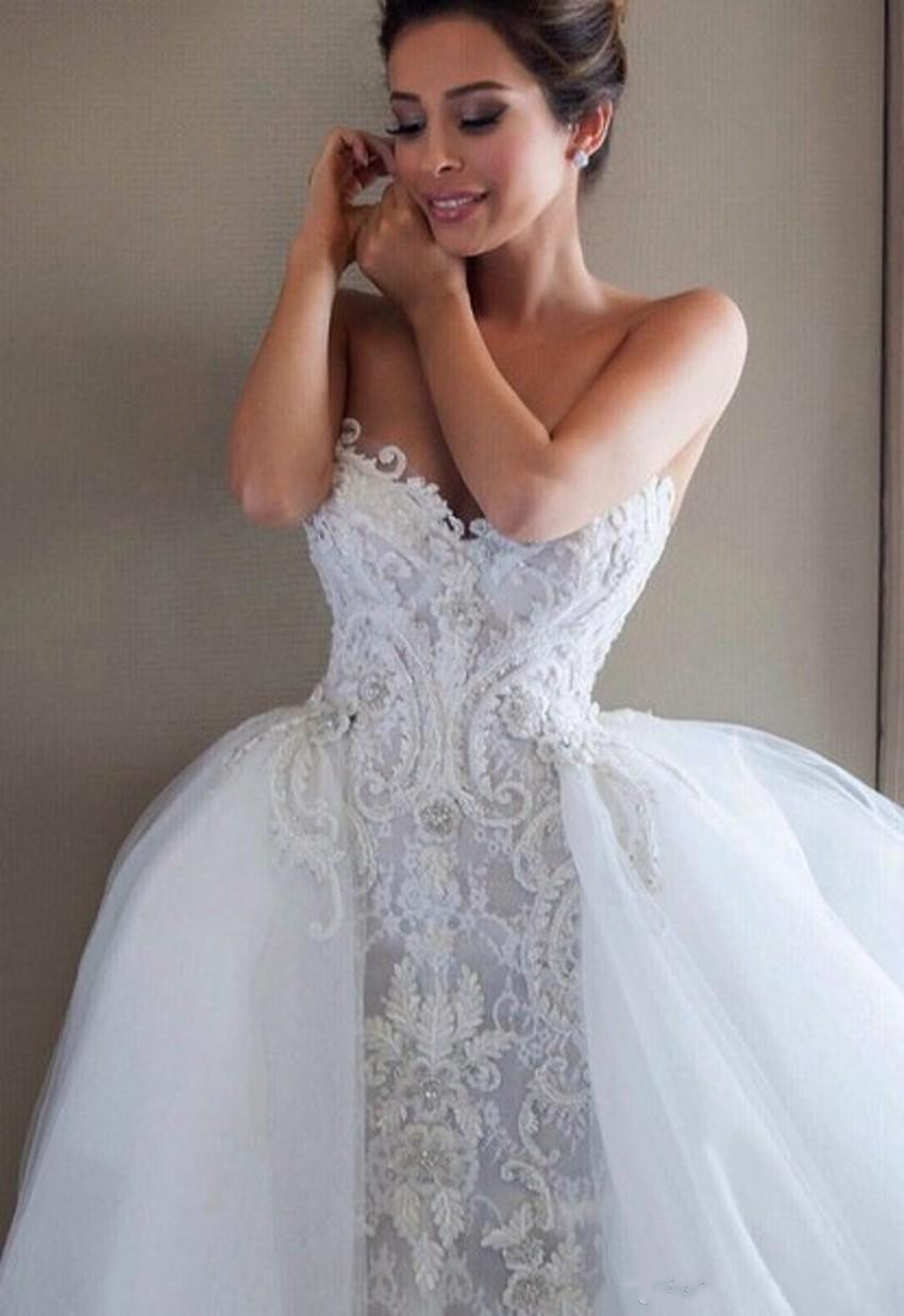 Elegant Sweetheart Mermaid Wedding Dresses With Detachable Skirt Appliques Beaded Bridal Wedding Gowns Vestido De Casamento Robe De Mariee