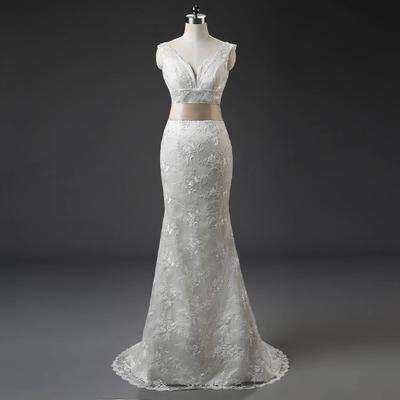 In Stock 2018 Sexy V-Neck Lace Mermaid Wedding Dresses With Floor-Length Bridal Gowns Vestido De Novia BM05
