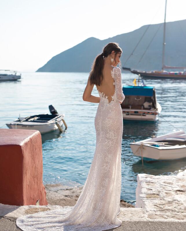 Lian Rokman Mermaid Dresses Side Split Lace Applique One Shoulder Long Sleeve Bridal Gowns Sweep Train Backless Wedding Dress