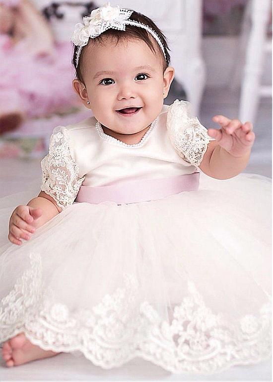 White Ivory First Communion Dresses Jewel Neck Lace Appliques Pearls Baby Girl Baptism Gown Christening Dress With Bow Flower Girl Gowns