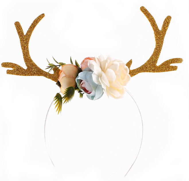 Christmas Headband Elk Deer Antlers Ear Hair Hoop with Flowers Antlers Costume