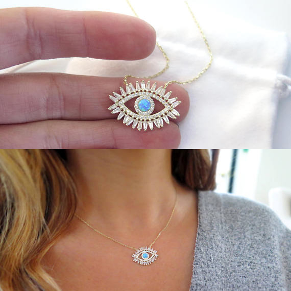 18k gold plated Turkish evil eye necklace lucky girl gift Baguette cubic zirconia turquoise geomstone top quality evil eye jewelry