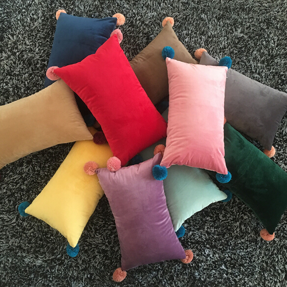 Velvet Cushion Triangle Rectangle Lovely Flush Pompon Ball Cushion Pillow Sofa Car Chair Home Decorative Throw Pillows