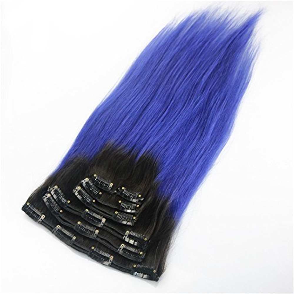 Clip in Remy Hair extensions Ombre 1B to Blue Balayage Clip in Human Hair Extensions Double Weft Hair Extensions Straight 7pcs 120g