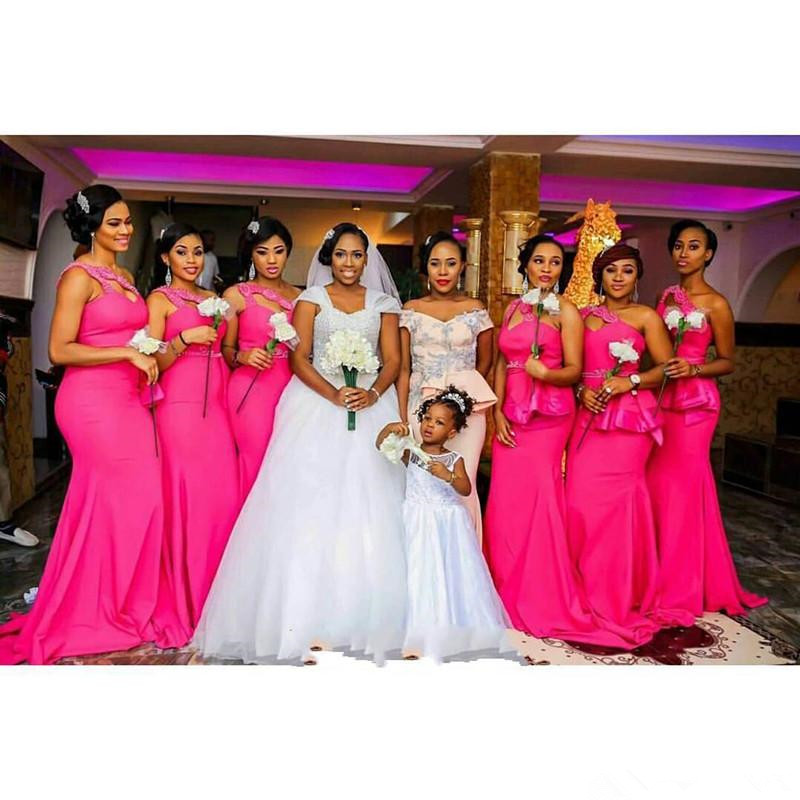 Cheap One Shoulder Fuchsia Peplum Long Bridesmaid Beach Crystal Beads Mermaid Country Maid Of Honor Gowns Wedding Guest Dresses