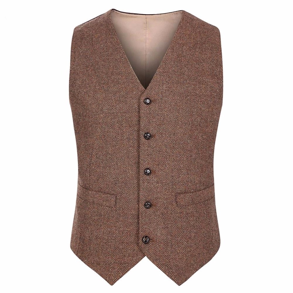 Fashion Brown Wool Tweed Groom Vest Formal Men's Waistcoat High Quality Men Wedding Wear Bridegroom Vests Casual Slim Vests Custom Made 11