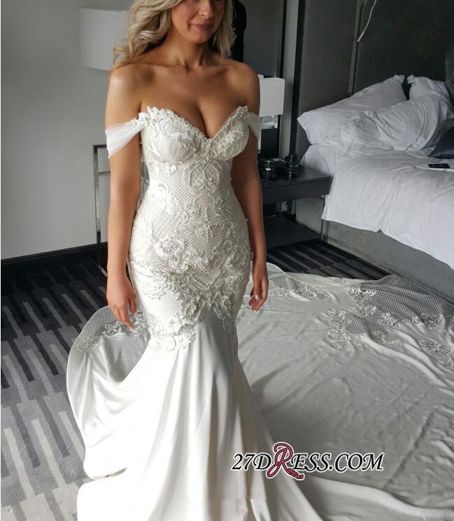 Sexy Mermaid Wedding Dresses Off The Shoulder Lace Pearls Long Train Slim Fit Beach Bridal Gowns Plus Size vestido de novia