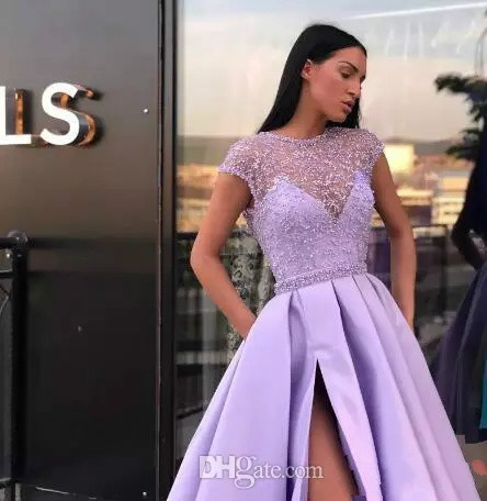 Lavender Long Prom Dresses With Lace Beads Short Sleeve A Line Satin Split Floor Length Evening Dress Formal Special Occasion Party Gowns