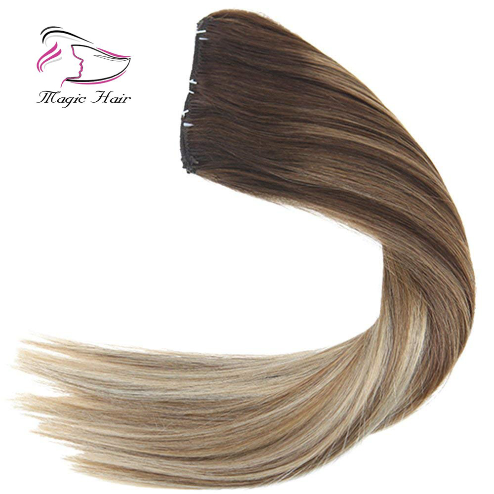 Clip in Hair Extension Human Hair Ombre #4 Dark Brown Mix #6 Medium Brown Fading to #22 Medium Blonde Full Head 7pcs/120g